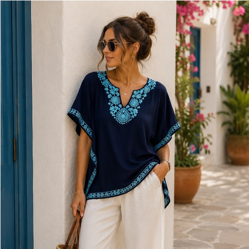 INC‎ International Concepts Petite Navy Blue Turquoise Embroidered Kaftan Top M